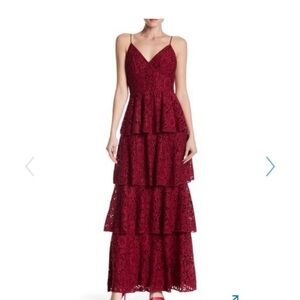 Monique Lhullier Burgundy Lace Tiered Dress